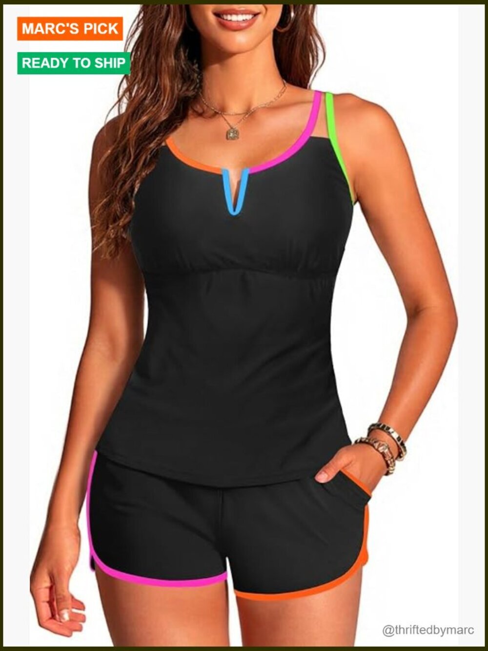Two Piece Tankini Set with Boyhorts Tummy Control V-Wire Top Adjustable Straps
